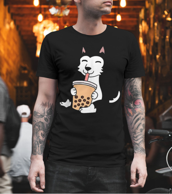 Husky Enjoying Bubble Tea Adorable Dog Sipping Drink T-Shirt Husky Enjoying Bubble Tea Adorable Dog Sipping Drink T-Shirt