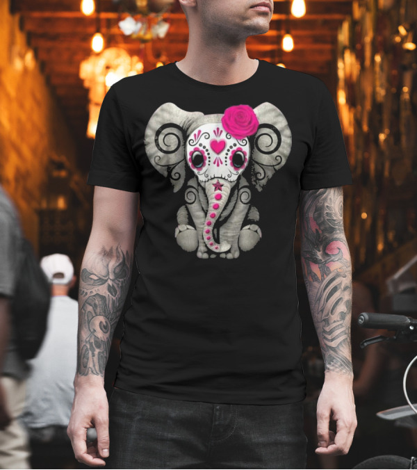 Sugar Skull Elephant with Pink Rose T-Shirt Sugar Skull Elephant with Pink Rose T-Shirt