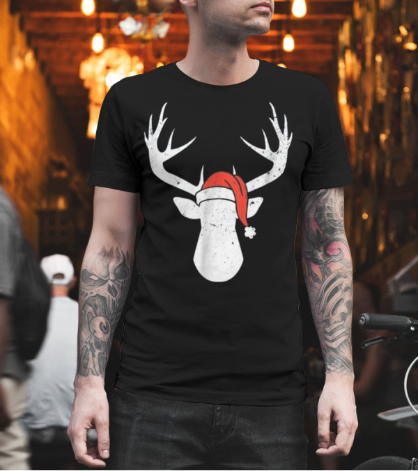 Deer With Santa Hat Christmas Antlers Holiday T-Shirt Deer With Santa Hat Christmas Antlers Holiday T-Shirt