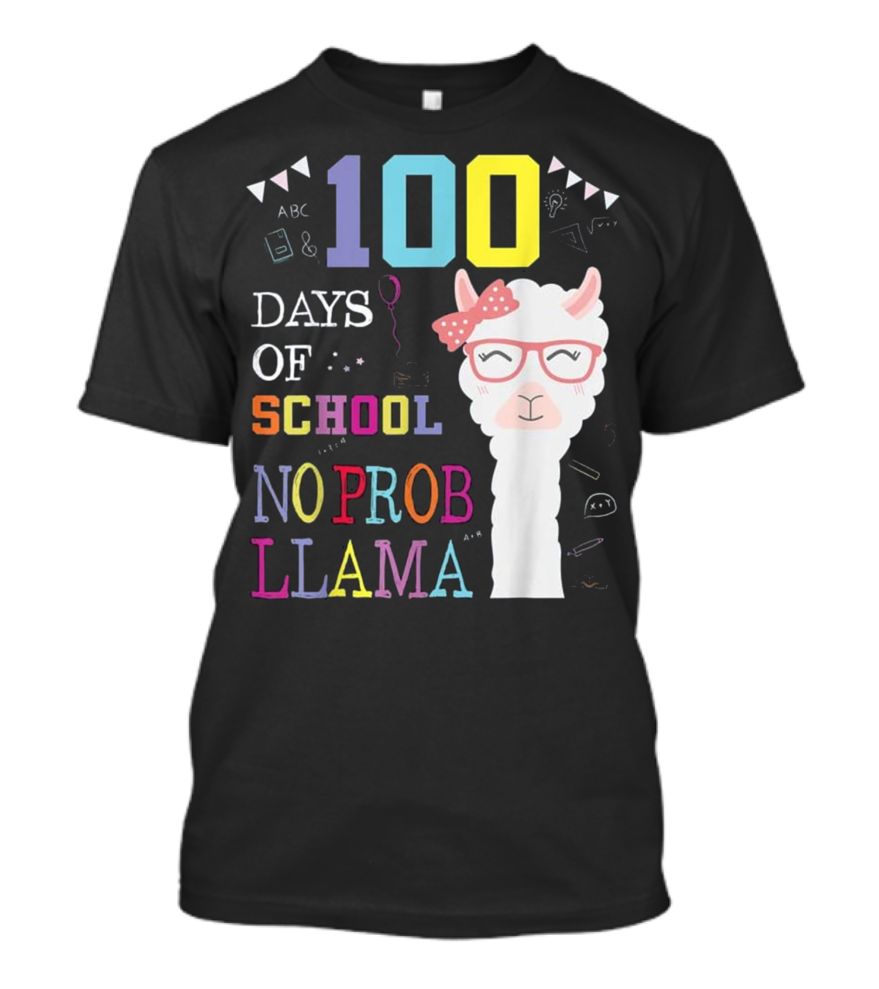 100 Days Of School No Probllama Cute Colorful Llama With Glasses And Bow T-Shirt