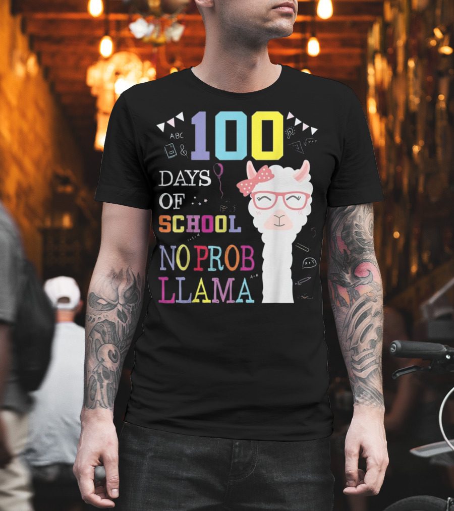 100 Days Of School No Probllama Cute Colorful Llama With Glasses And Bow T-Shirt