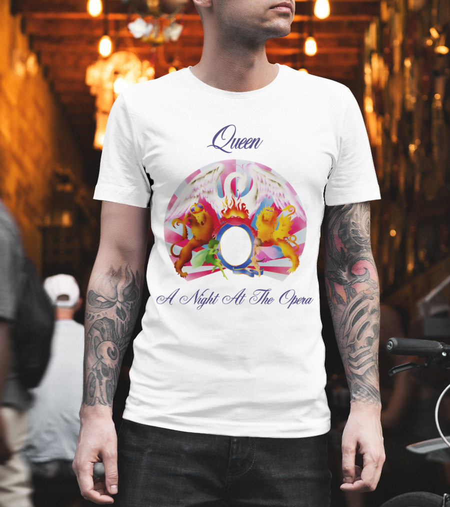 Queen A Night At The Opera Album Cover Art With Colorful Mythical Creatures And Winged Symbolism T-Shirt