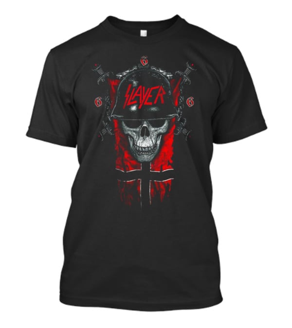 Slayer Skull Helmet Swords And Red 666 Banner T-Shirt