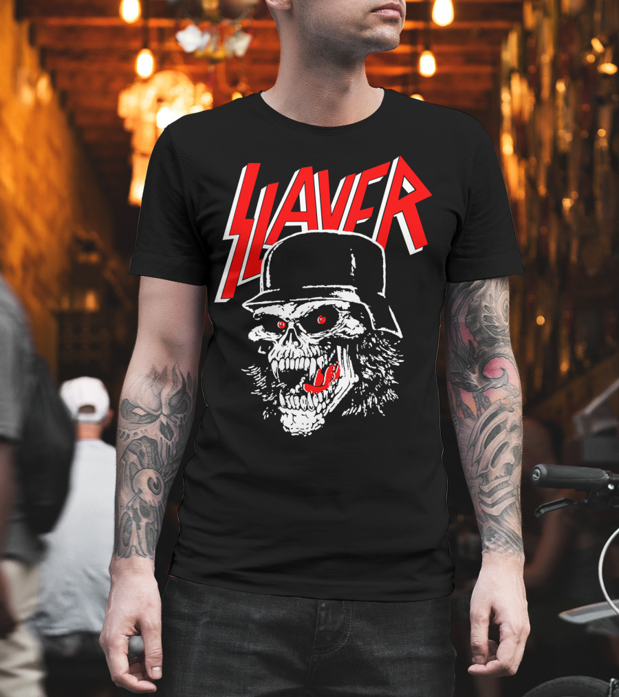 Slayer Skull With Helmet And Red Eyes T-Shirt