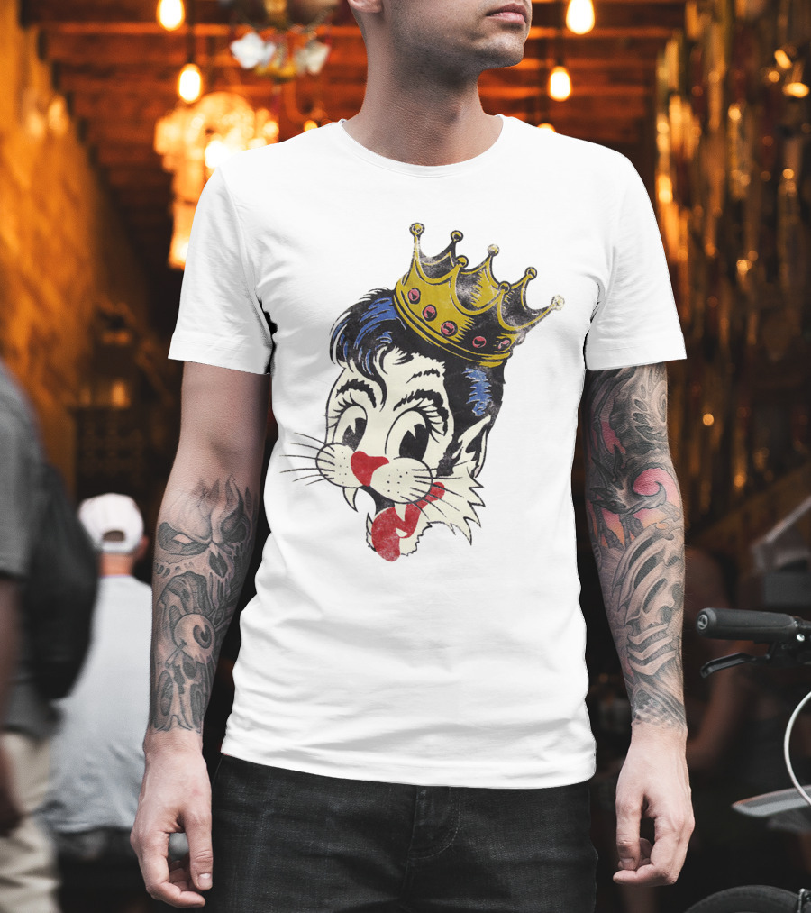 Crowned Cartoon Cat With Heart-Shaped Nose And Whiskers T-Shirt