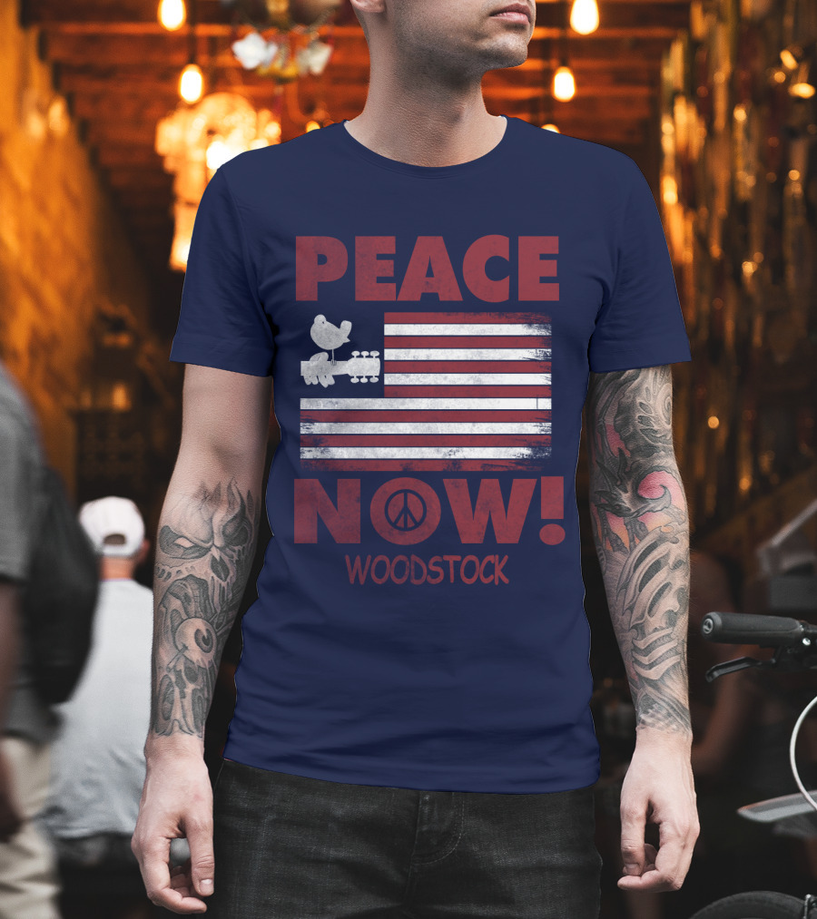 Woodstock Peace Now! American Flag Guitar Bird T-Shirt