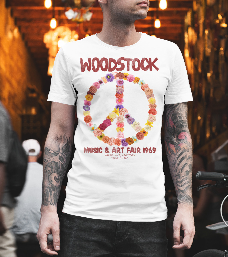 Woodstock Music & Art Fair 1969 Peace Symbol Flowers White Lake New York August T-Shirt
