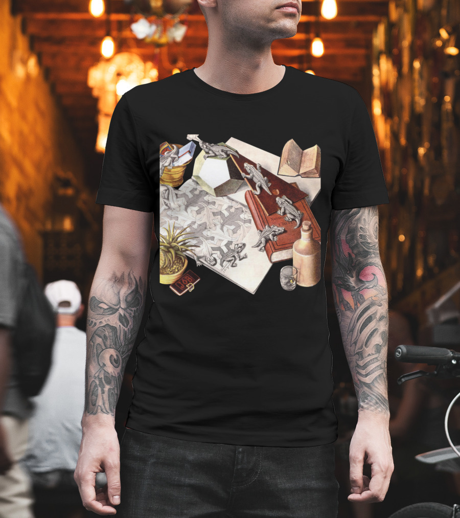 M.c. Escher 1988 Reptiles Optical Illusion Morphing Creatures Book And Geometric Patterns T-Shirt