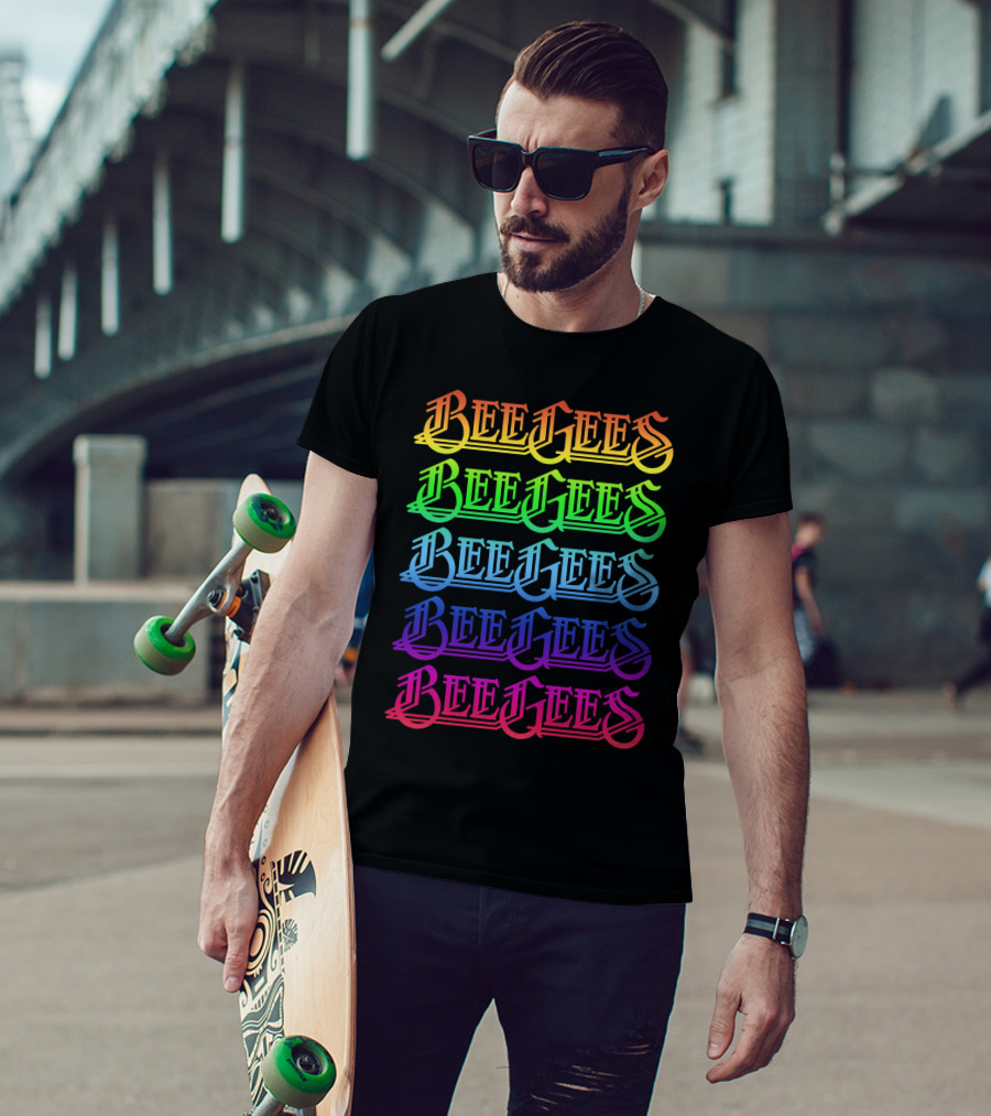 Bee Gees Rainbow Text Multi-Color Typography T-Shirt