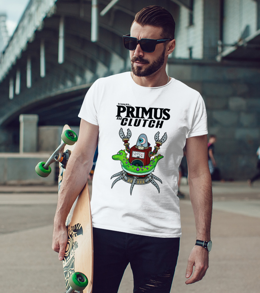An Evening With Primus And Clutch Robot Monster With Alligator Alien Creature T-Shirt