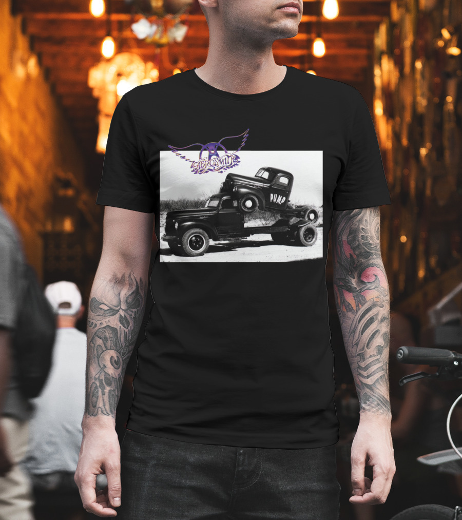 Aerosmith Logo with Trucks and Pump Text T-Shirt