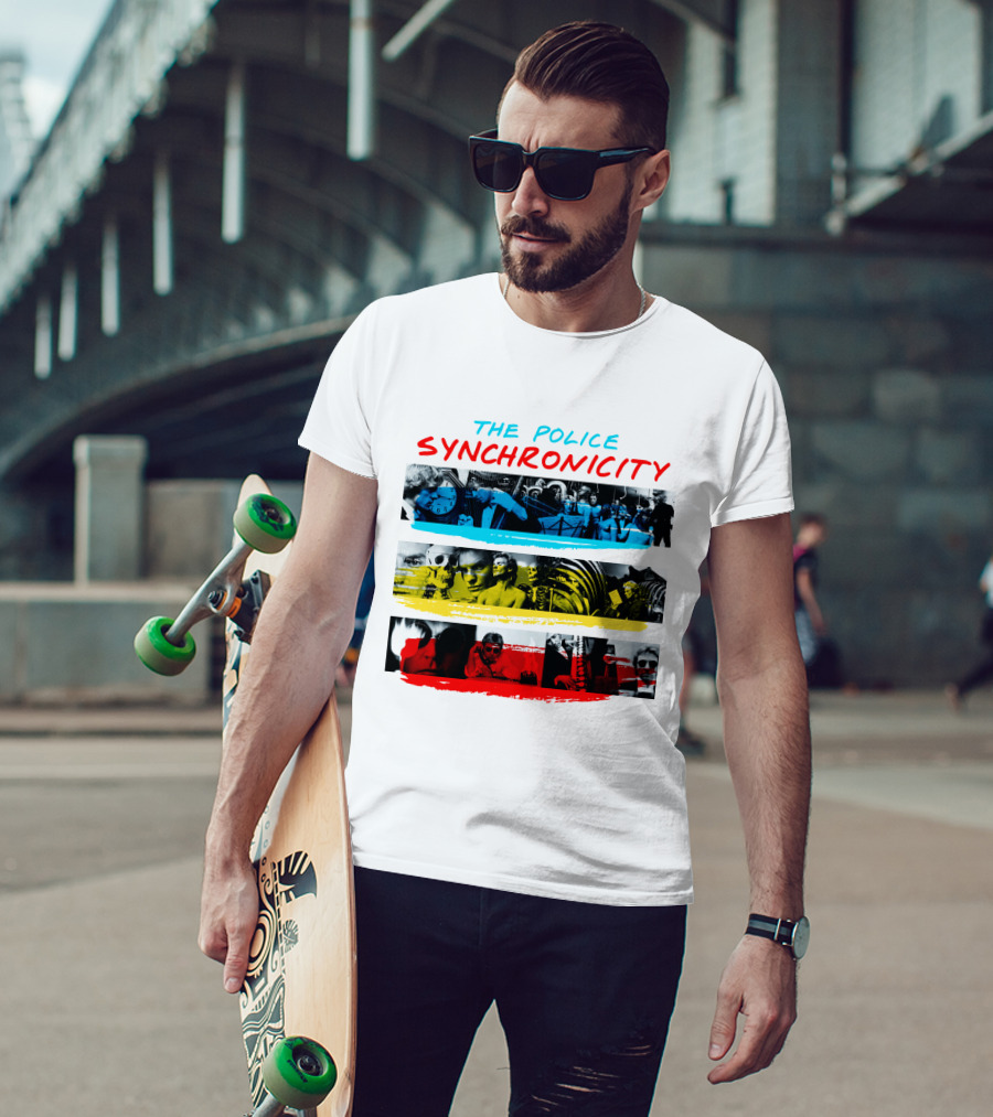 The Police Synchronicity Album Cover Art Blue Yellow Red Stripes T-Shirt