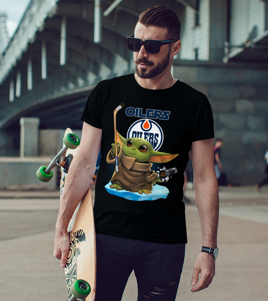 Oilers Baby Yoda Holding Hockey Stick And Puck On Ice T-Shirt