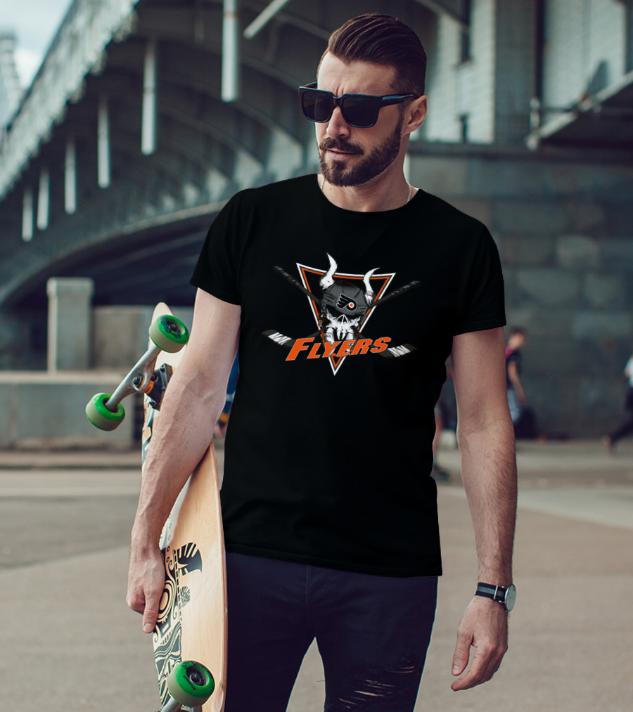 Flyers Skull With Hockey Sticks And Helmet T-Shirt