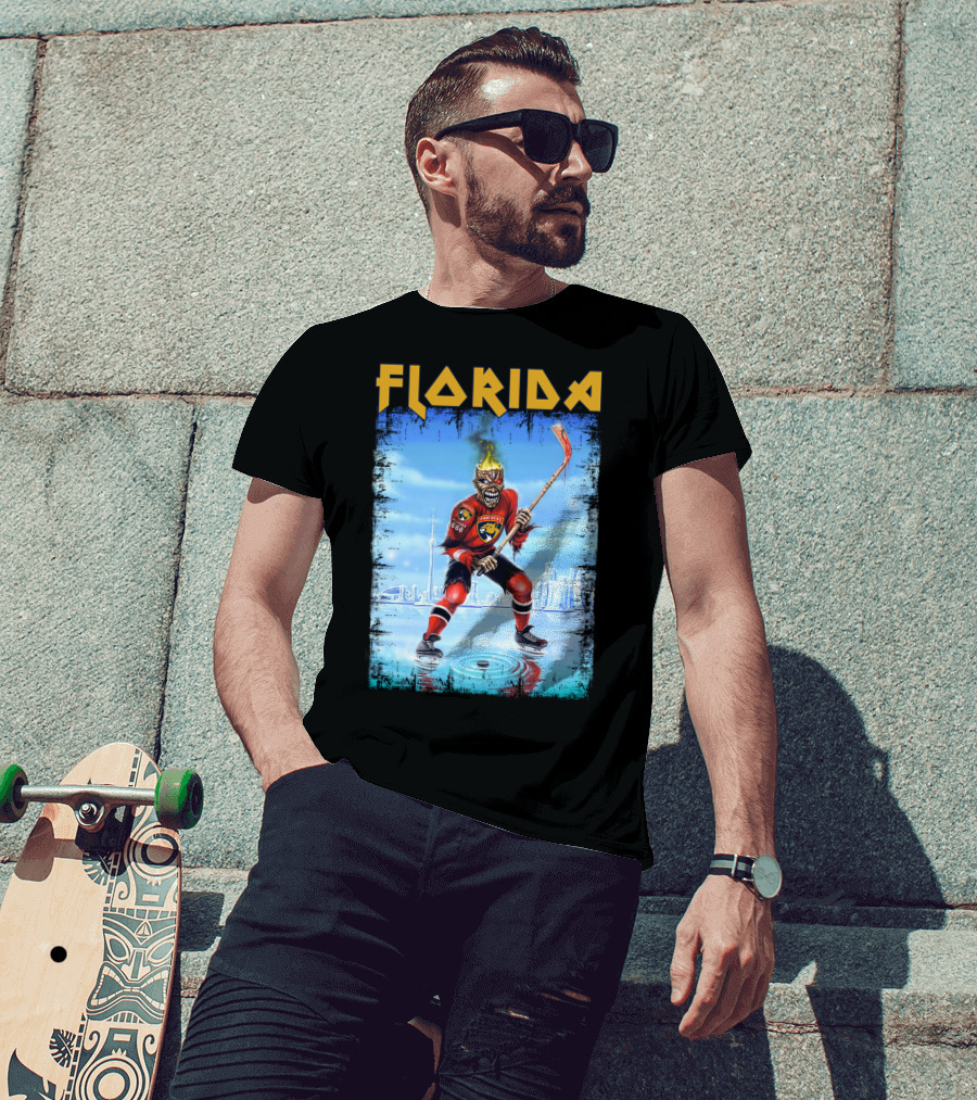 Florida Panthers Hockey Florida Ice Skeleton Hockey Player Flames T-Shirt