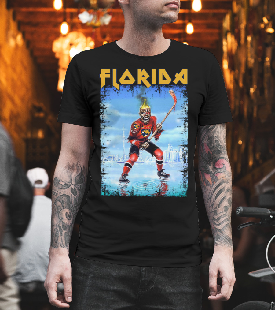 Florida Panthers Hockey Florida Ice Skeleton Hockey Player Flames T-Shirt