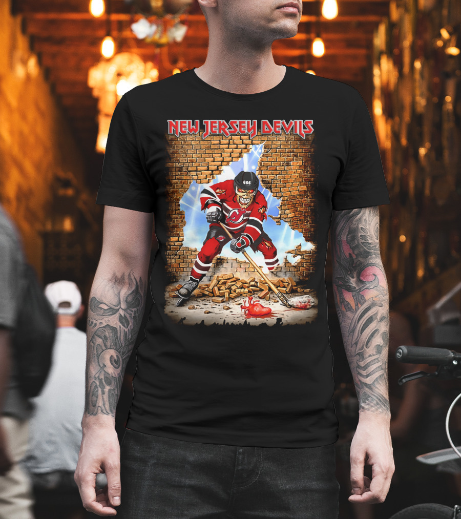 New Jersey Devils Skeleton Hockey Player Smash Brick Wall T-Shirt
