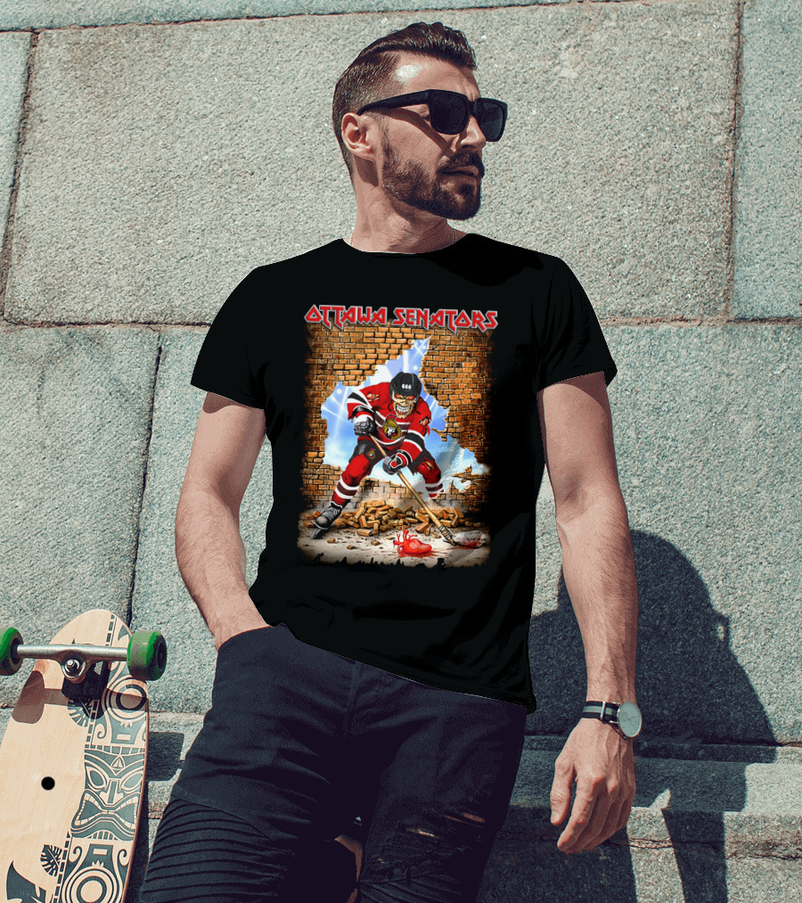 Ottawa Senators Hockey Skeleton Breaking Wall With 666 Helmet T-Shirt
