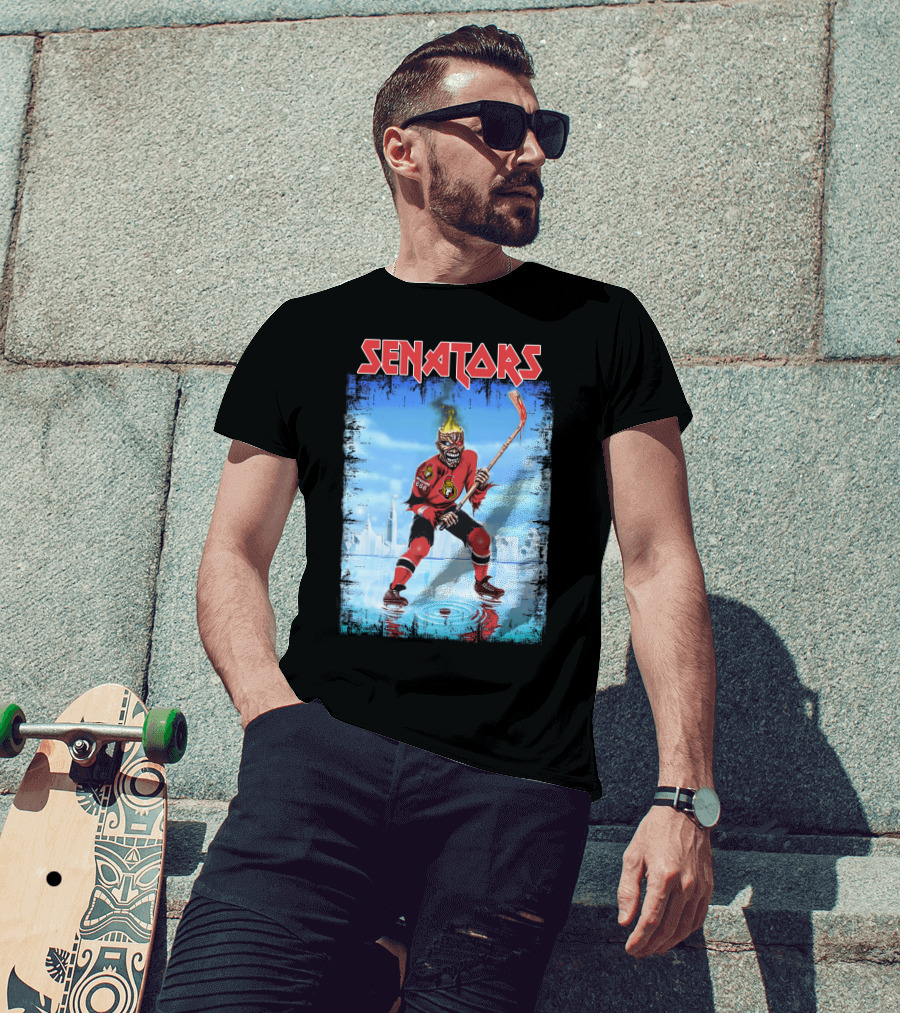 Senators Hockey Skeleton With Flaming Head And Hockey Stick T-Shirt