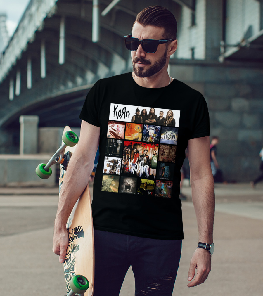 Korn Greatest Hits Collection Featuring Classic Album Covers And Band Members T-Shirt