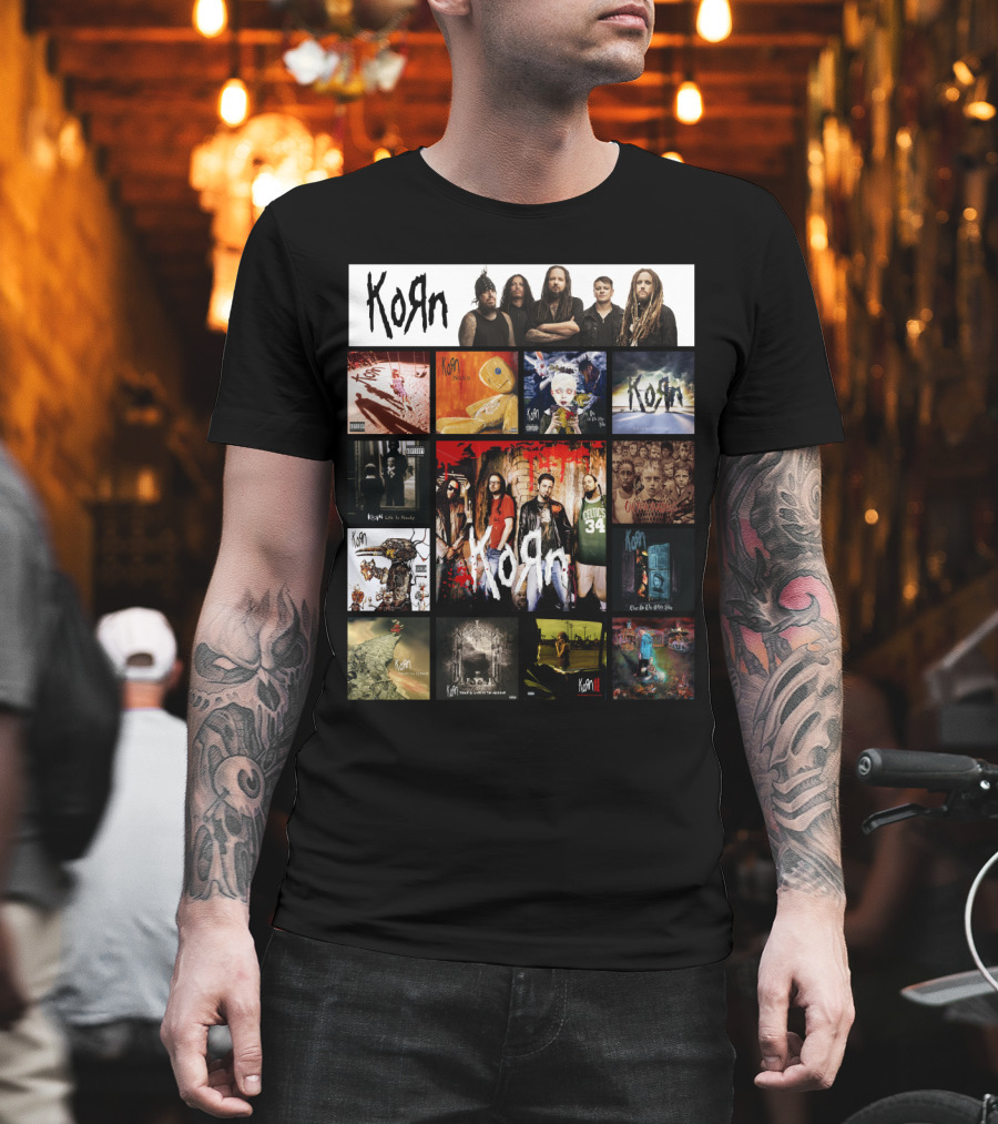 Korn Greatest Hits Collection Featuring Classic Album Covers And Band Members T-Shirt