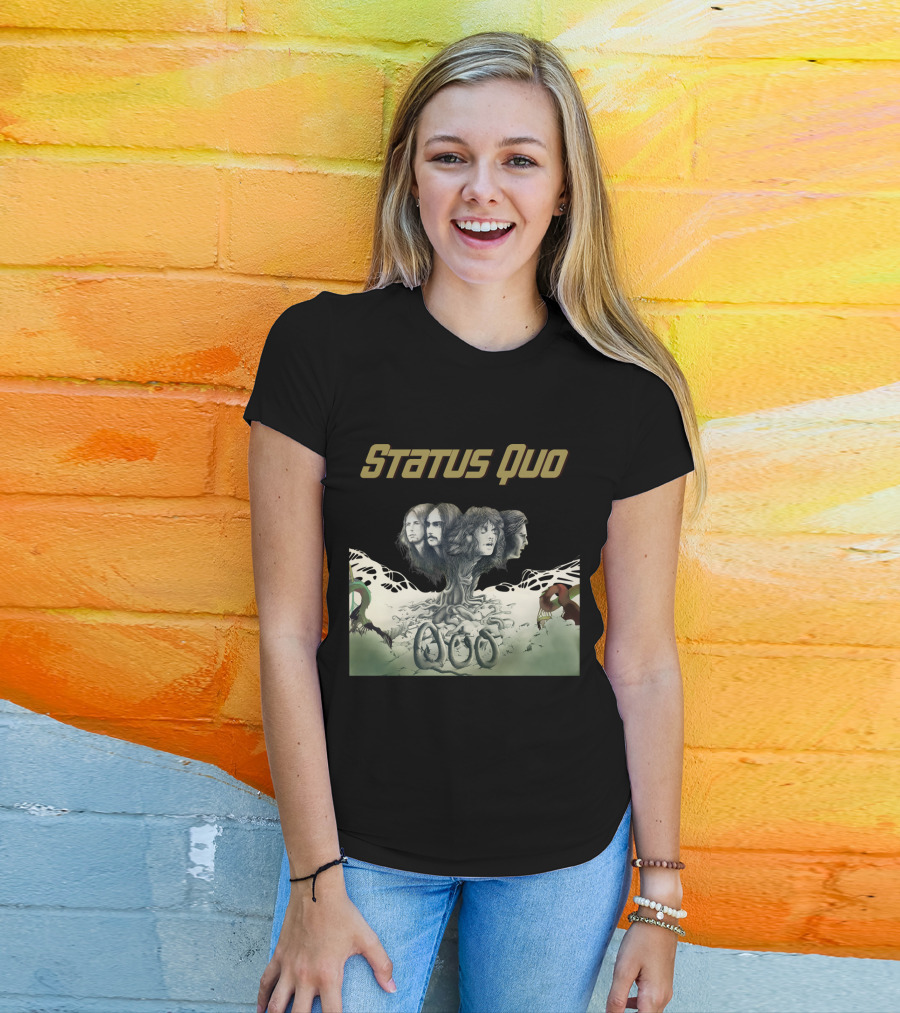Status Quo Band Faces Tree Imagery With Members' Portraits T-Shirt