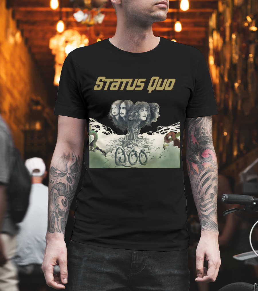 Status Quo Band Faces Tree Imagery With Members' Portraits T-Shirt