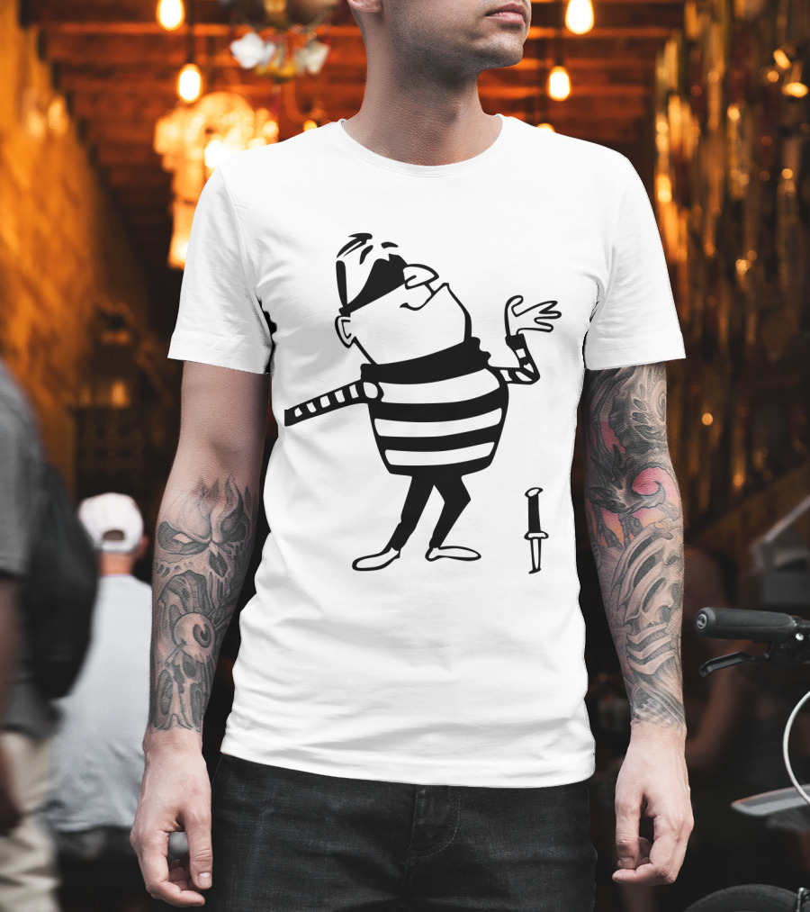 Burglar Cartoon Outline With Striped Shirt And Knife T-Shirt
