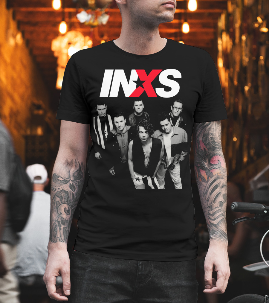 Inxs Band Black And White Group Photo With Red T-Shirt