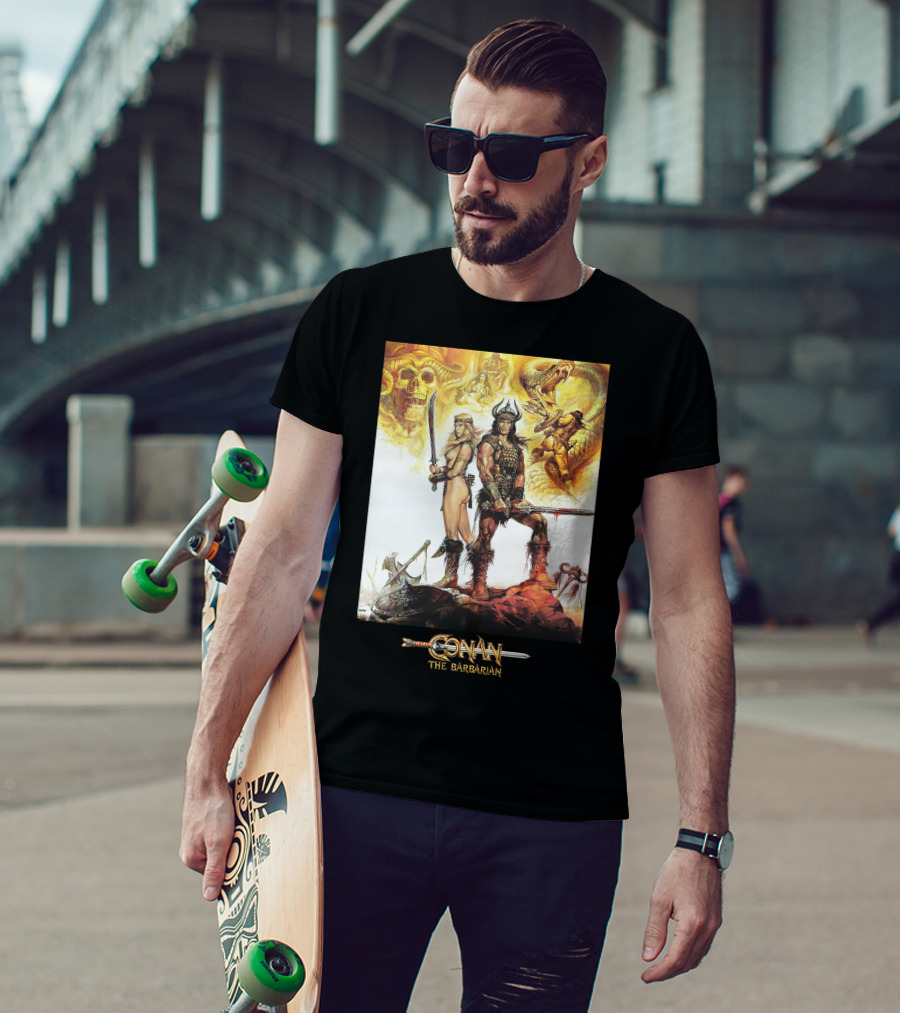 Conan The Barbarian Sword Skulls Warrior Fantasy Art T-Shirt