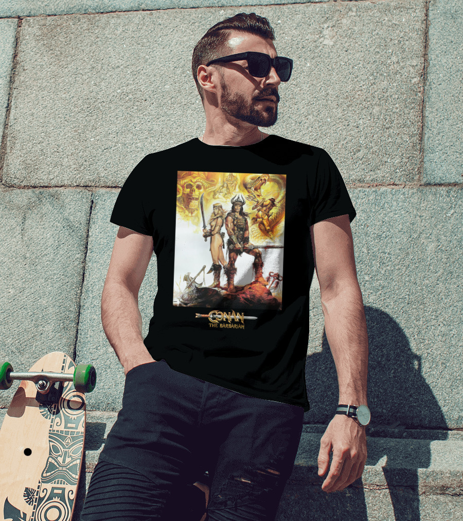 Conan The Barbarian Sword Skulls Warrior Fantasy Art T-Shirt