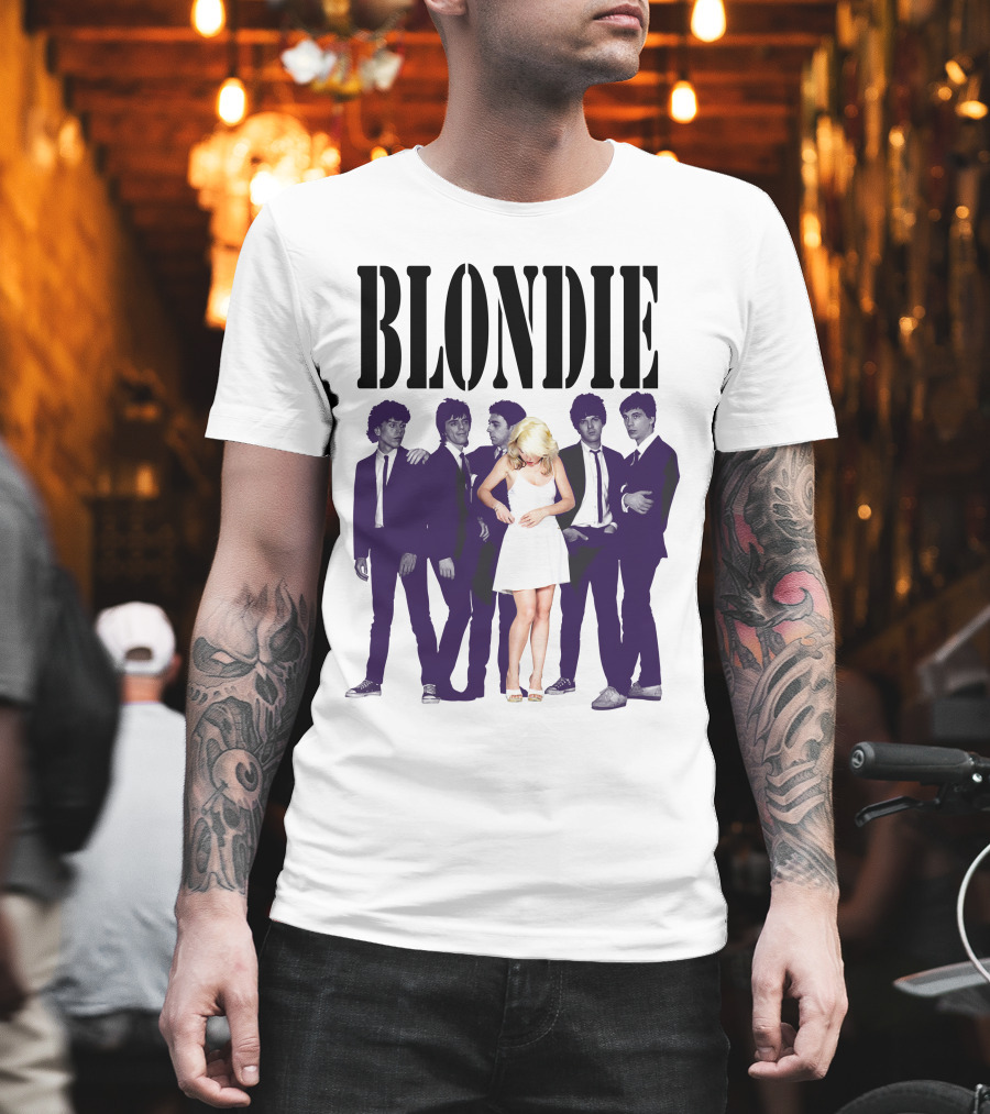 Blondie Band Classic Group Pose Black And White Borderline White Dress T-Shirt