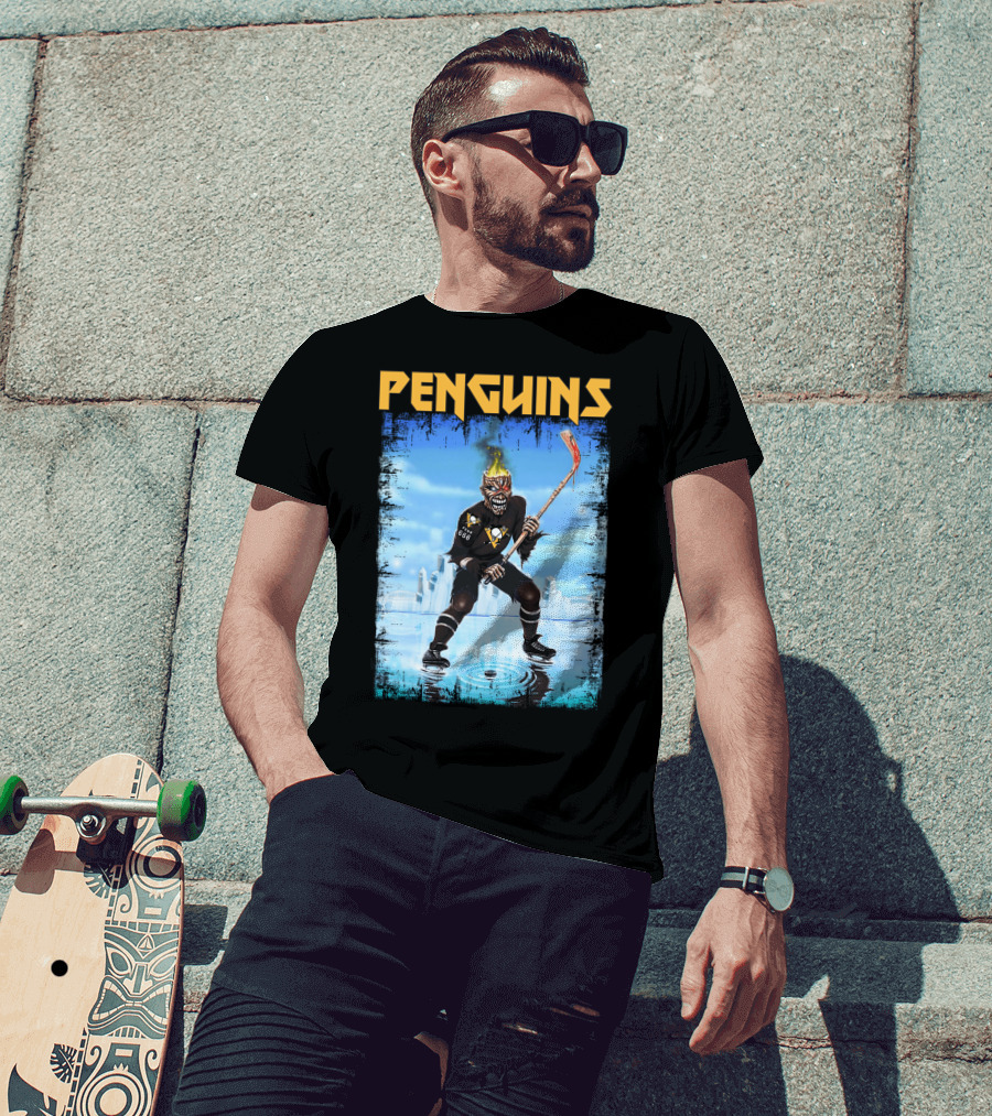 Penguins Hockey Skeleton With Flaming Skull And Hockey Stick In Pittsburgh Skyline T-Shirt
