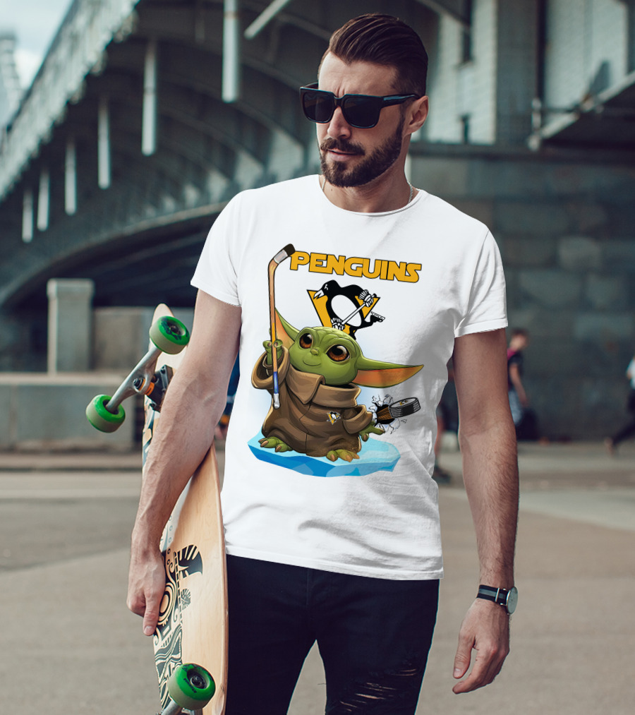 Baby Yoda Holding Hockey Stick With Pittsburgh Penguins T-Shirt