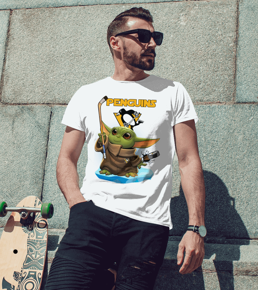 Baby Yoda Holding Hockey Stick With Pittsburgh Penguins T-Shirt