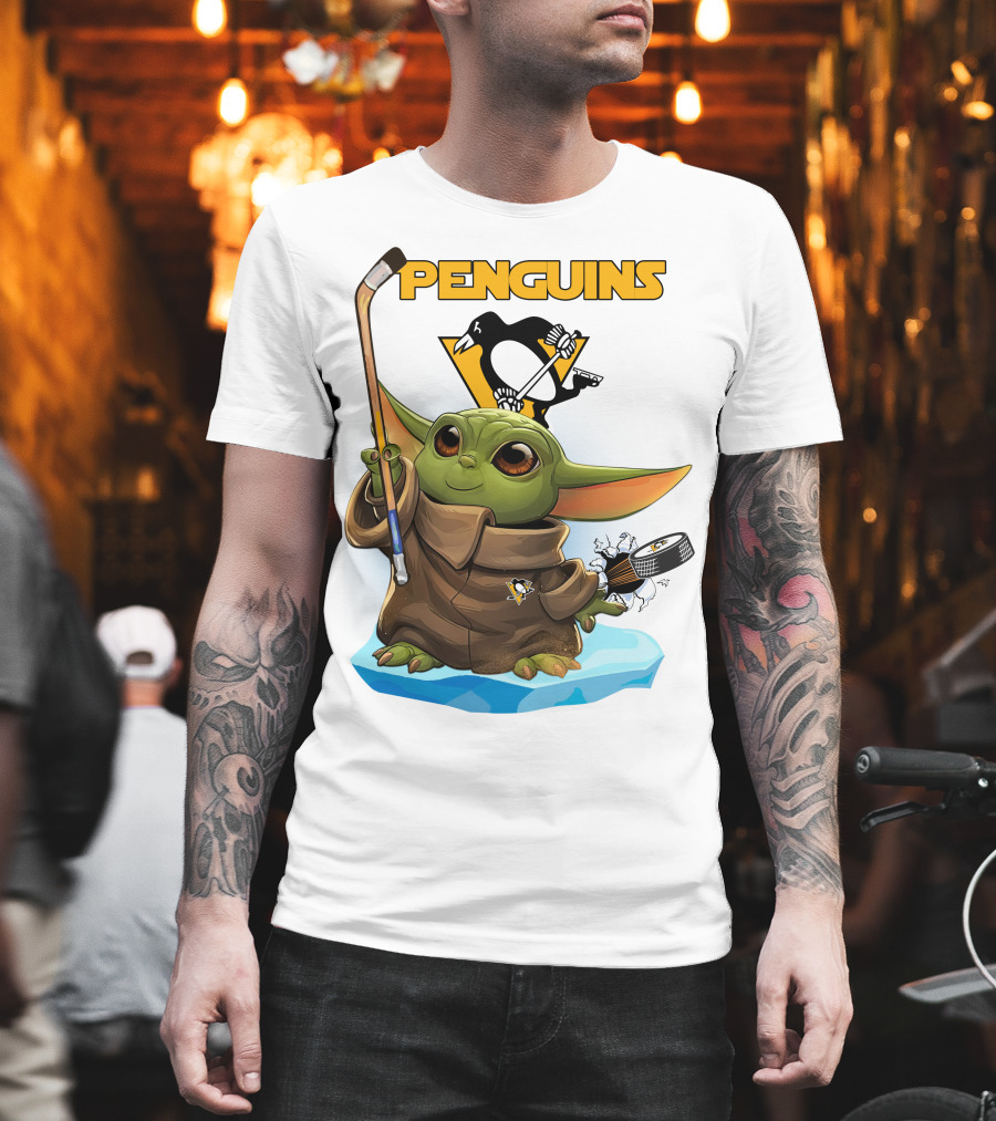 Baby Yoda Holding Hockey Stick With Pittsburgh Penguins T-Shirt