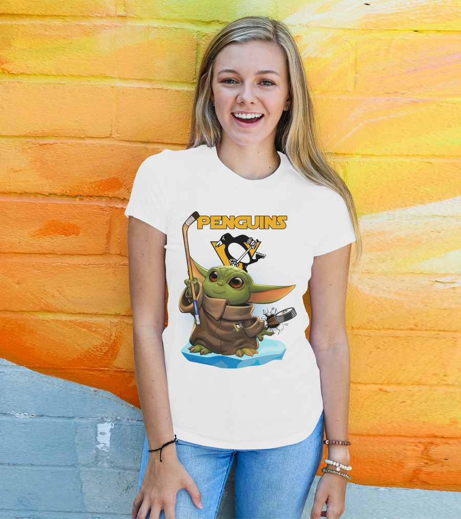 Baby Yoda Penguins Puck And Hockey Stick With Pittsburgh Penguins T-Shirt