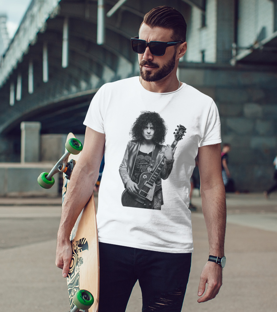 Marc Bolan With Gibson Les Paul Guitar Iconic Black And White T-Shirt