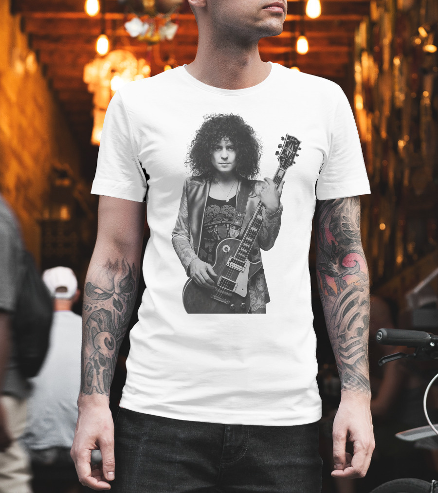 Marc Bolan With Gibson Les Paul Guitar Iconic Black And White T-Shirt