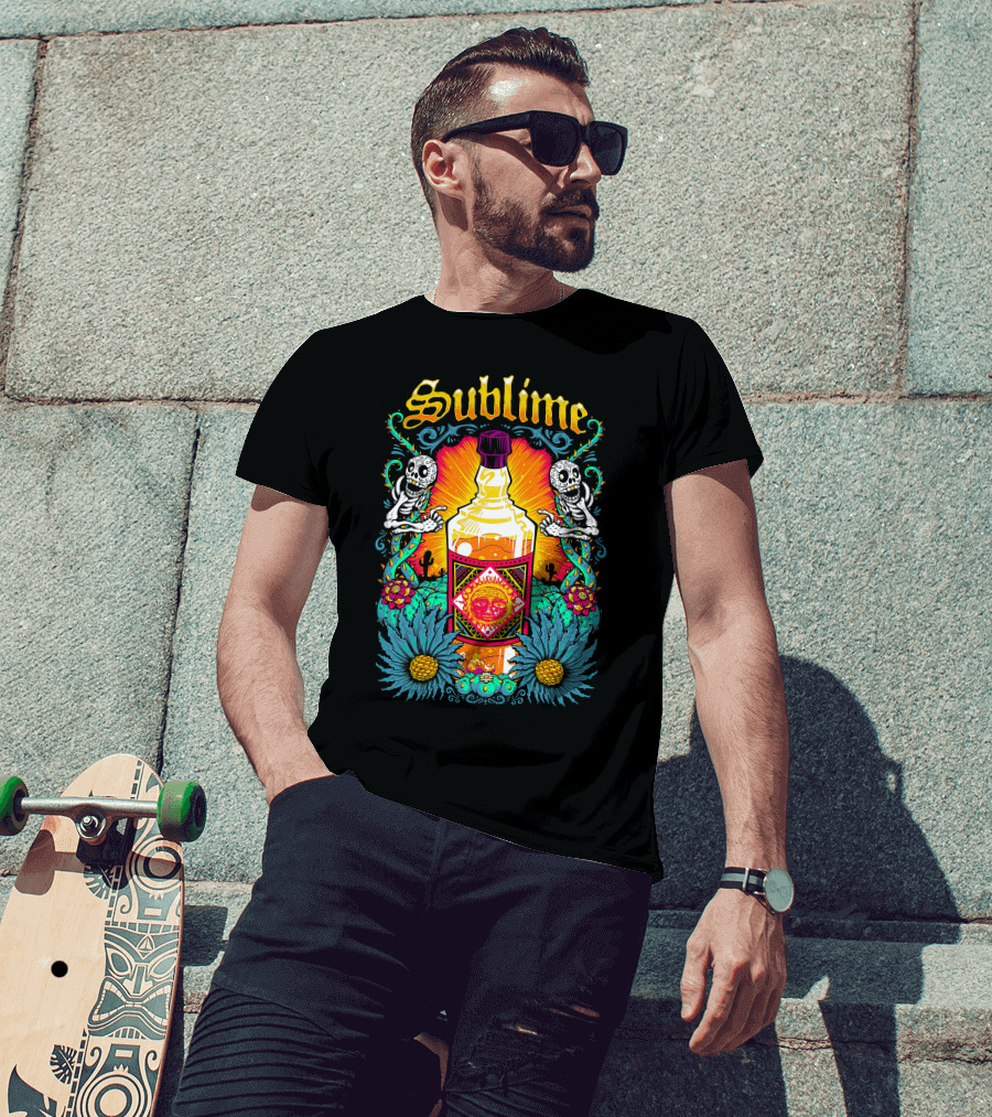 Sublime Skeletons And Cactus With Bottle Sunburst T-Shirt