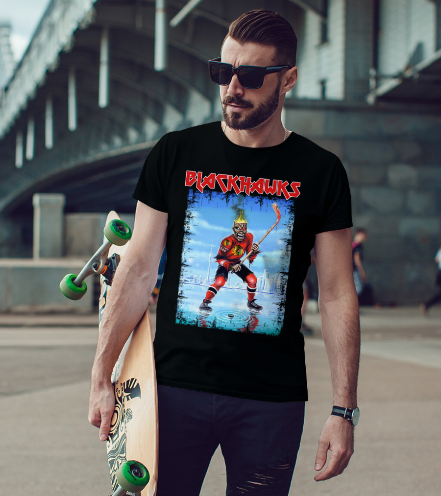 Blackhawks Ice Hockey Skeleton Player With Flaming Head And Hockey Stick T-Shirt