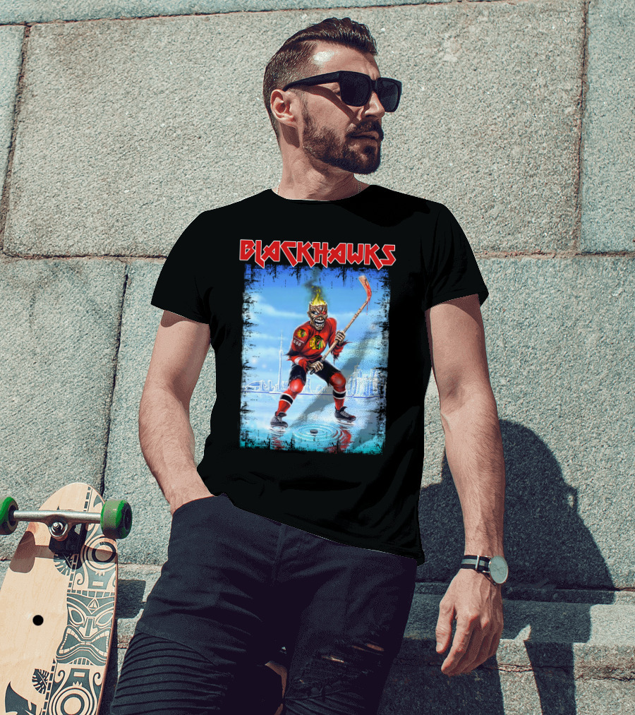 Blackhawks Ice Hockey Skeleton Player With Flaming Head And Hockey Stick T-Shirt