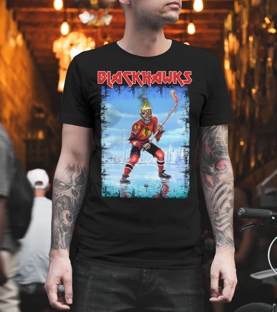 Blackhawks Ice Hockey Skeleton Player With Flaming Head And Hockey Stick T-Shirt