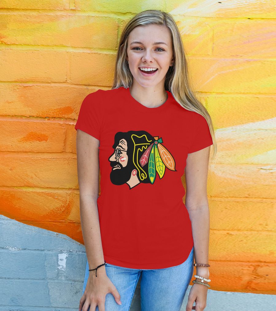 Chicago Blackhawks 1 Portrait With Feathered Headdress On Red T-Shirt