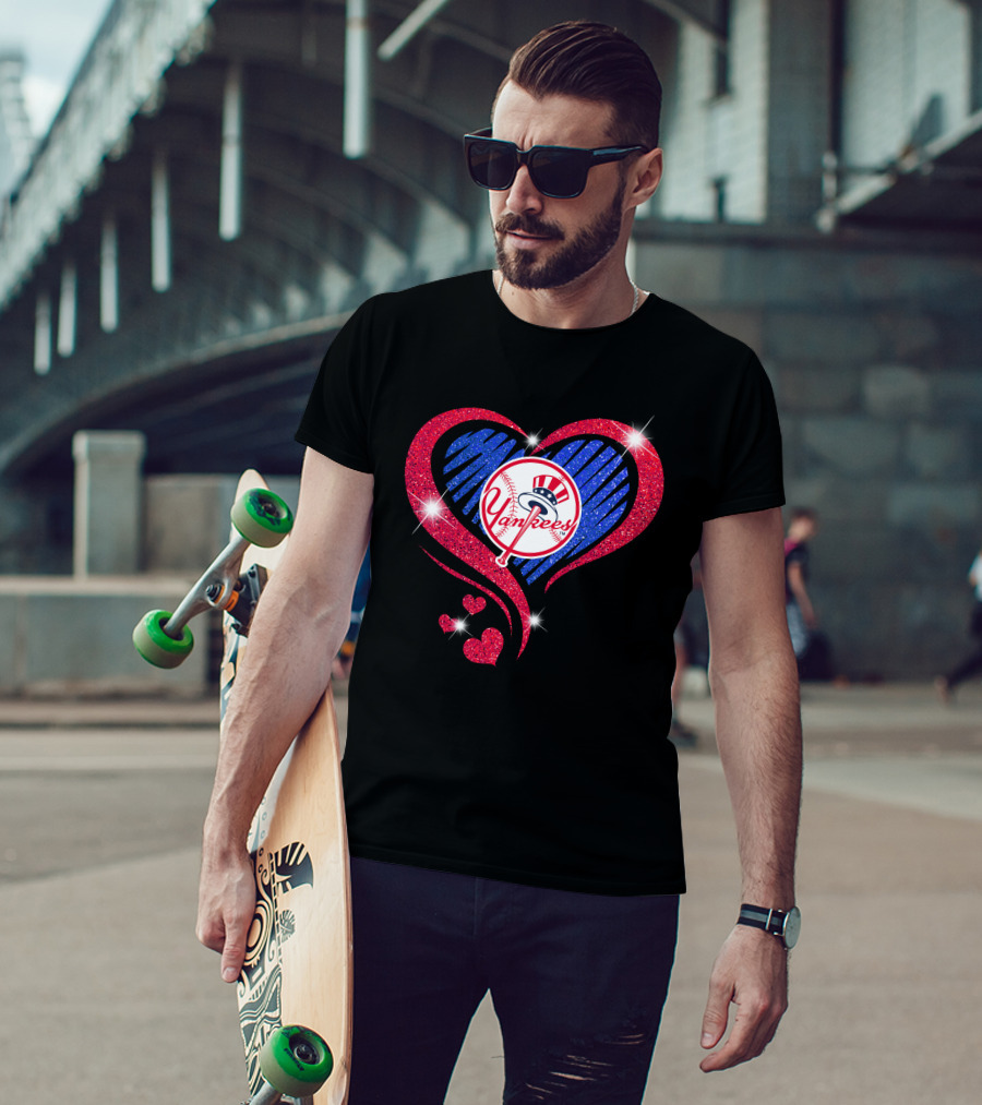 Yankees Shimmering Heart Design With Baseball Logo And Sparkling Red And Blue Elements T-Shirt