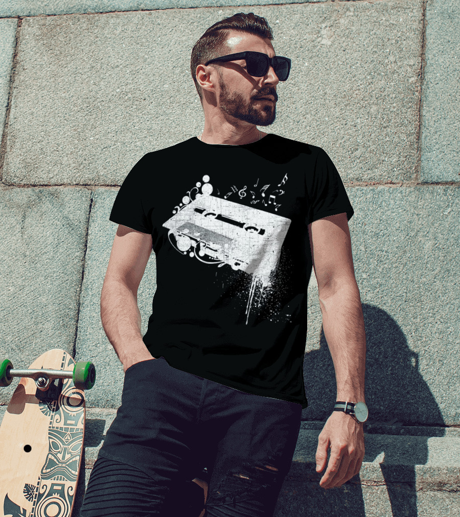 Old School 80s Cassette Tape With Musical Notes Grunge Hip Hop T-Shirt