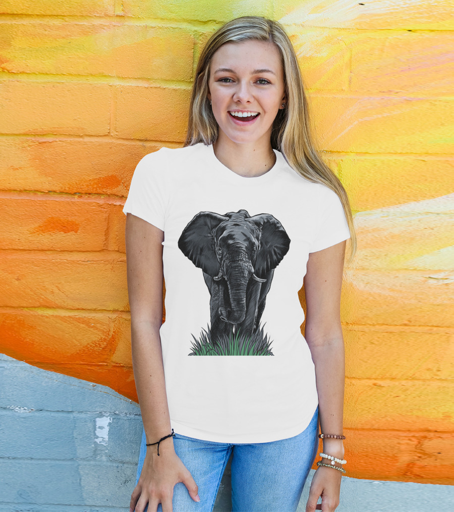 Elephant Line Art Majestic Wildlife Sketch In Grass T-Shirt