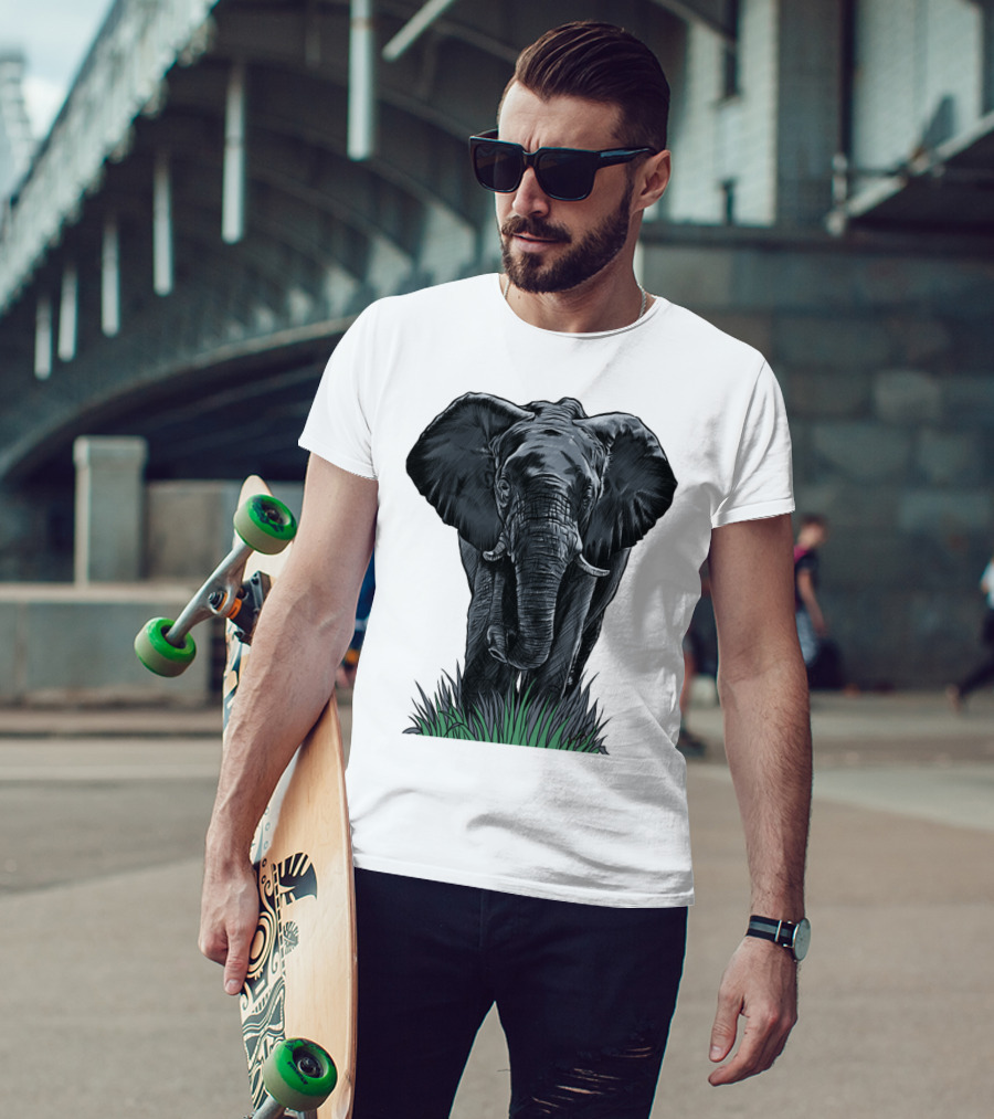 Elephant Line Art Majestic Wildlife Sketch In Grass T-Shirt
