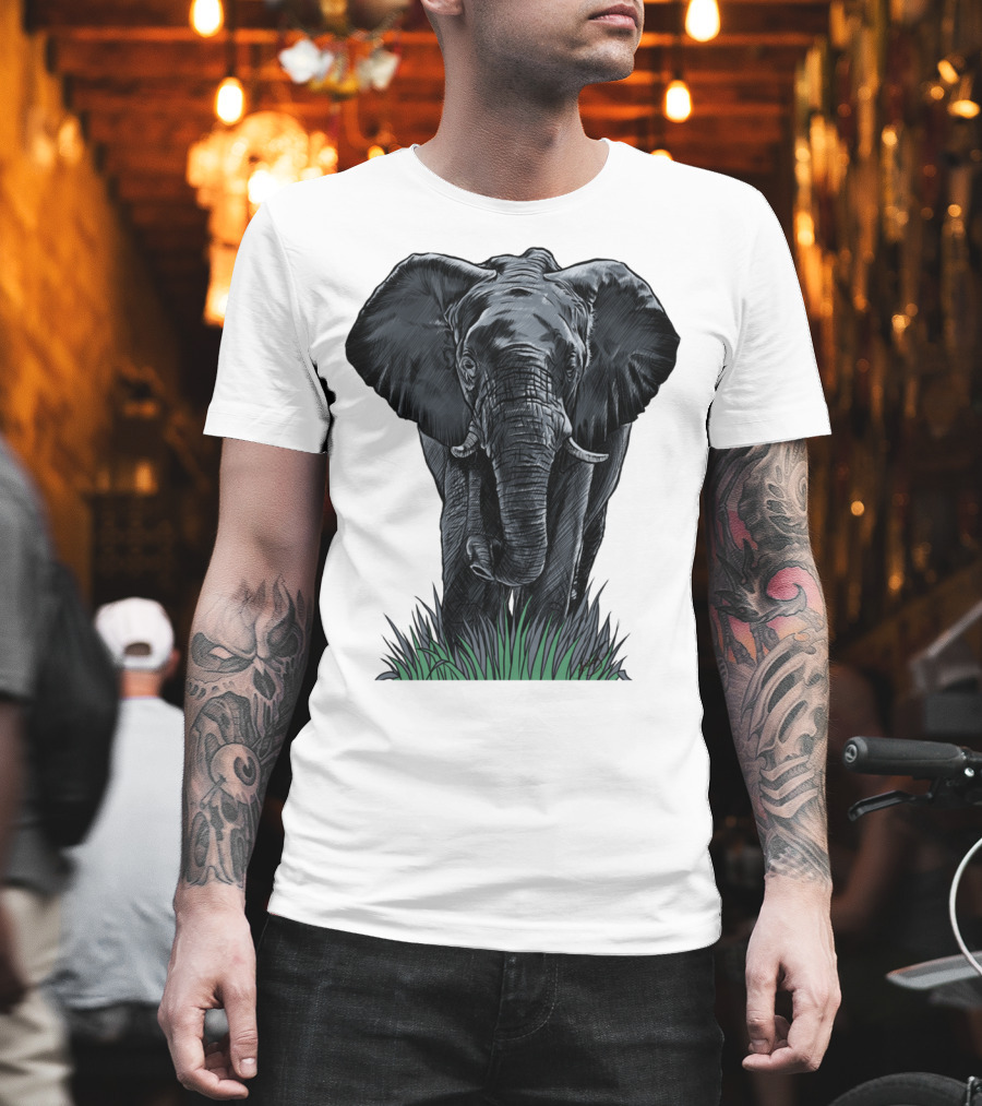 Elephant Line Art Majestic Wildlife Sketch In Grass T-Shirt