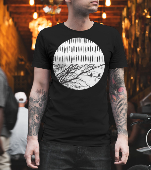 Birds And Brushstrokes Monochrome Circle With Sketchy Lines And Bare Branches T-Shirt Birds And Brushstrokes Monochrome Circle With Sketchy Lines And Bare Branches T-Shirt